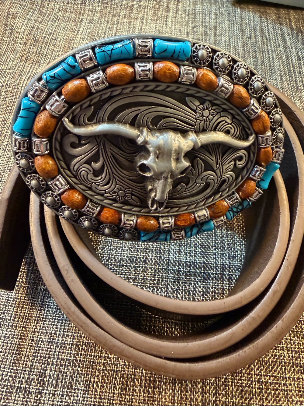Western Bull Head Belt Brown Faux Leather Cowboy Turquoise Beaded Buckle 48”